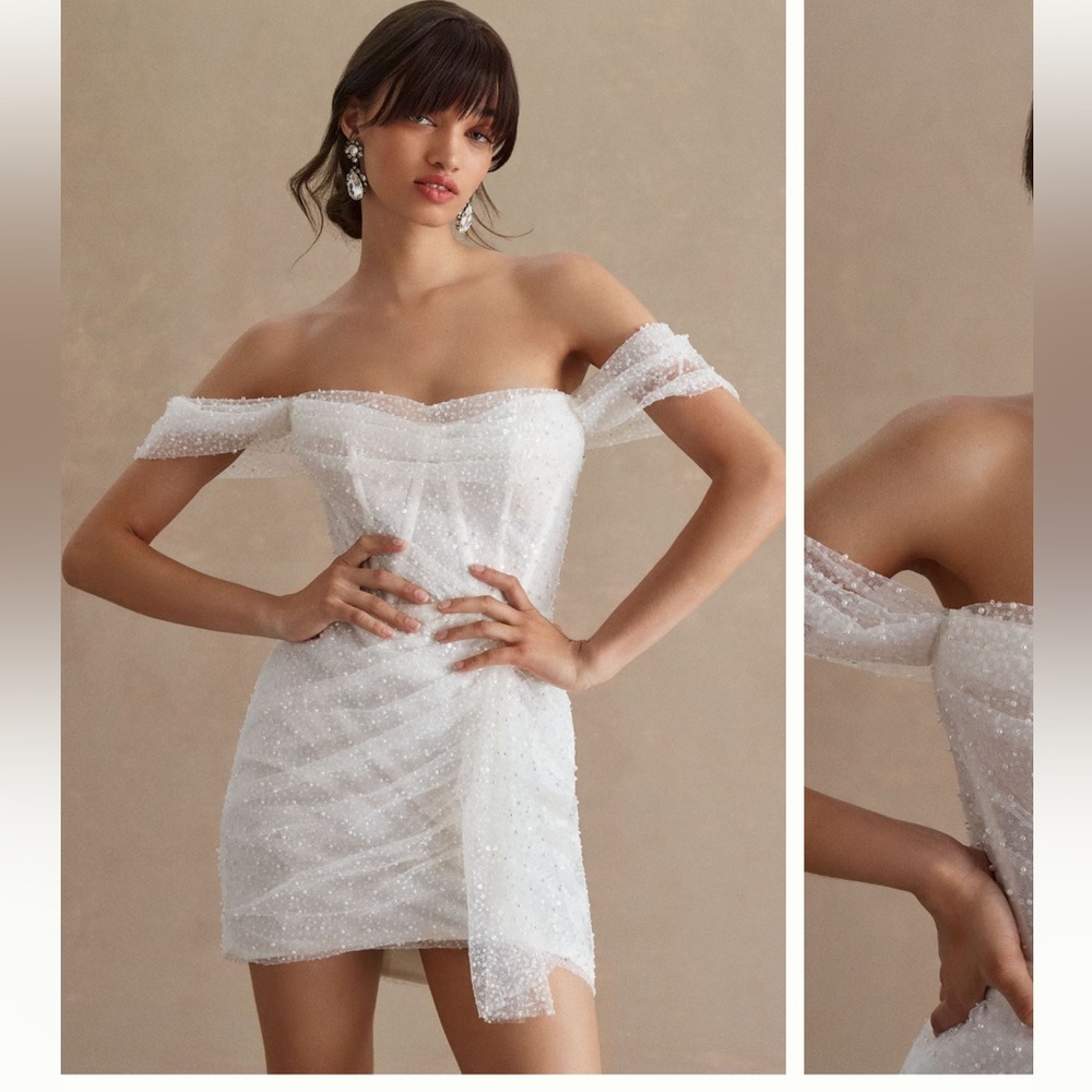 Watters Gibson Off the Shoulder beaded mini dress